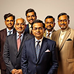 A formal portrait of Indian men in official attire, showcasing a diverse group wearing tailored suits and traditional attire like kurta and sherwani