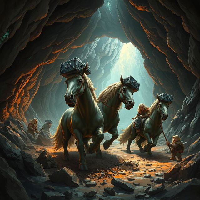 A scene depicting friendly Judar creatures, resembling horses with hammer-shaped iron heads, digging joyfully in dark, cavernous caves