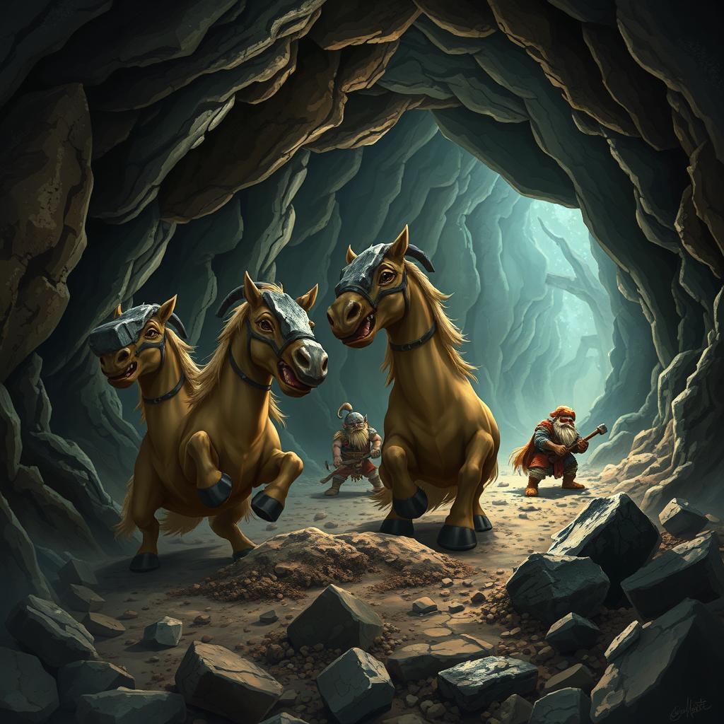 A scene depicting friendly Judar creatures, resembling horses with hammer-shaped iron heads, digging joyfully in dark, cavernous caves