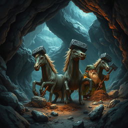 A scene depicting friendly Judar creatures, resembling horses with hammer-shaped iron heads, digging joyfully in dark, cavernous caves