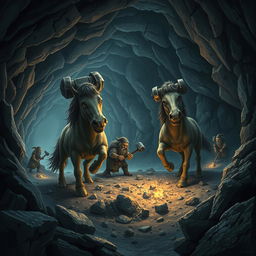 A scene depicting friendly Judar creatures, resembling horses with hammer-shaped iron heads, digging joyfully in dark, cavernous caves