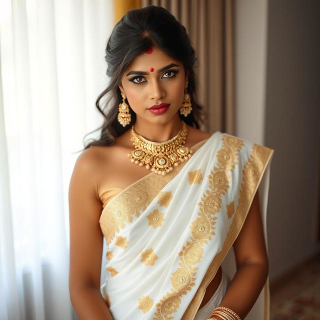 An elegant, bold, hot, sexy Indian woman with a cute face, 25 years old, showcasing a heavy body type