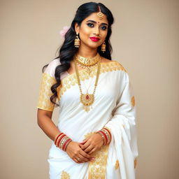 An elegant, bold, hot, sexy Indian woman with a cute face, 25 years old, showcasing a heavy body type