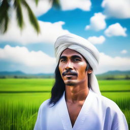 This is a high-quality, realistic photograph of a handsome Indonesian man with long hair