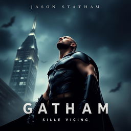 A dramatic movie poster featuring Jason Statham as Batman, looking up heroically