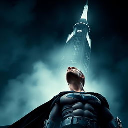 A dramatic movie poster featuring Jason Statham as Batman, looking up heroically