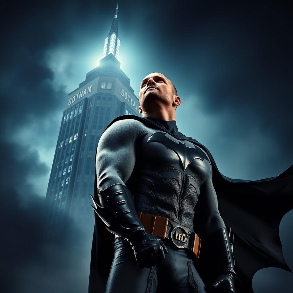 A dramatic movie poster featuring Jason Statham as Batman, looking up heroically