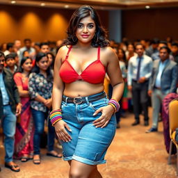 An Indian woman with curvy proportions and big thighs, confidently wearing stylish denim shorts and a striking red bralette