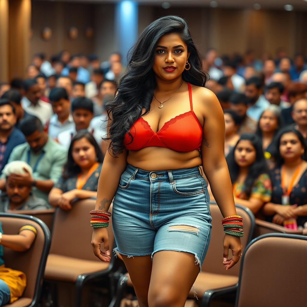 An Indian woman with curvy proportions and big thighs, confidently wearing stylish denim shorts and a striking red bralette