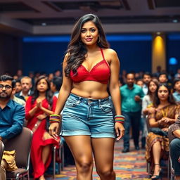 An Indian woman with curvy proportions and big thighs, confidently wearing stylish denim shorts and a striking red bralette