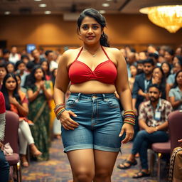 An Indian woman with curvy proportions and big thighs, confidently wearing stylish denim shorts and a striking red bralette