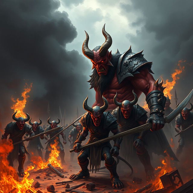 A formidable demon named Shumbh, characterized by his red skin and blazing eyes, stands at the forefront of a chaotic battleground filled with dark smoke and flames