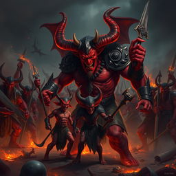 A formidable demon named Shumbh, characterized by his red skin and blazing eyes, stands at the forefront of a chaotic battleground filled with dark smoke and flames