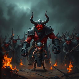 A formidable demon named Shumbh, characterized by his red skin and blazing eyes, stands at the forefront of a chaotic battleground filled with dark smoke and flames