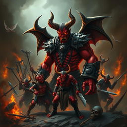 A formidable demon named Shumbh, characterized by his red skin and blazing eyes, stands at the forefront of a chaotic battleground filled with dark smoke and flames