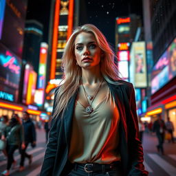 A stunning blonde model walking through a vibrant city at night, illuminated by colorful neon lights
