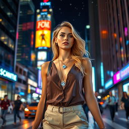 A stunning blonde model walking through a vibrant city at night, illuminated by colorful neon lights
