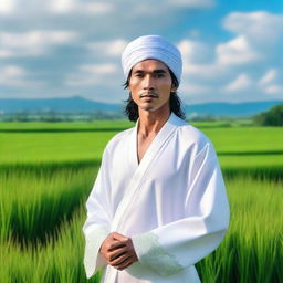 A high-quality, realistic photo captures an attractive Indonesian man with long hair