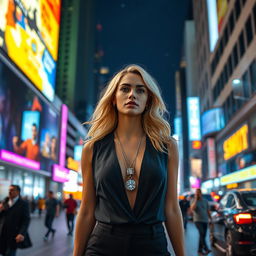 A stunning blonde model walking through a vibrant city at night, illuminated by colorful neon lights