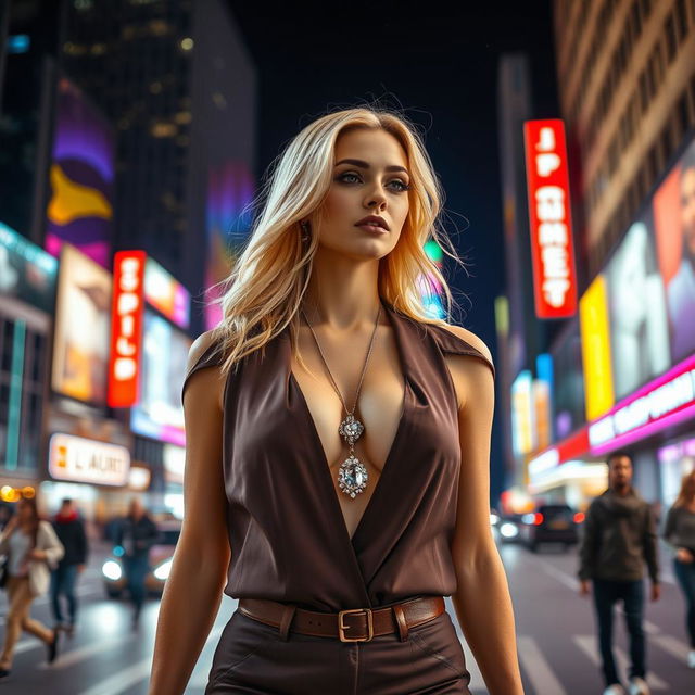 A stunning blonde model walking through a vibrant city at night, illuminated by colorful neon lights