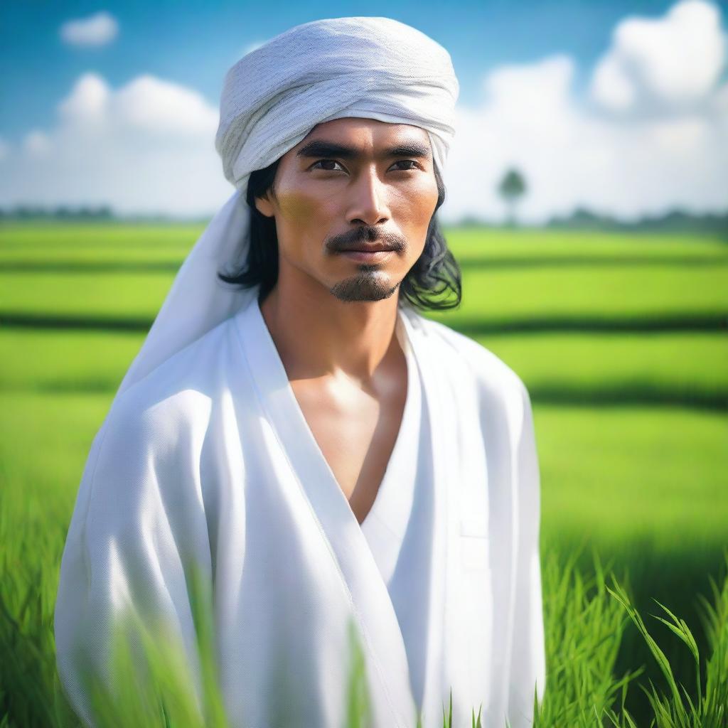 A high-quality, realistic photo captures an attractive Indonesian man with long hair