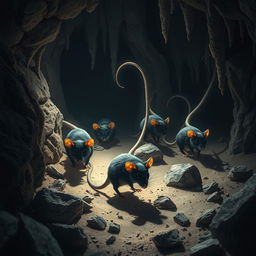 A fantastical scene depicting berserk cave-dwelling rats with glossy black eyes and long, exaggerated tails that reflect and amplify light, illuminating the dark cavern