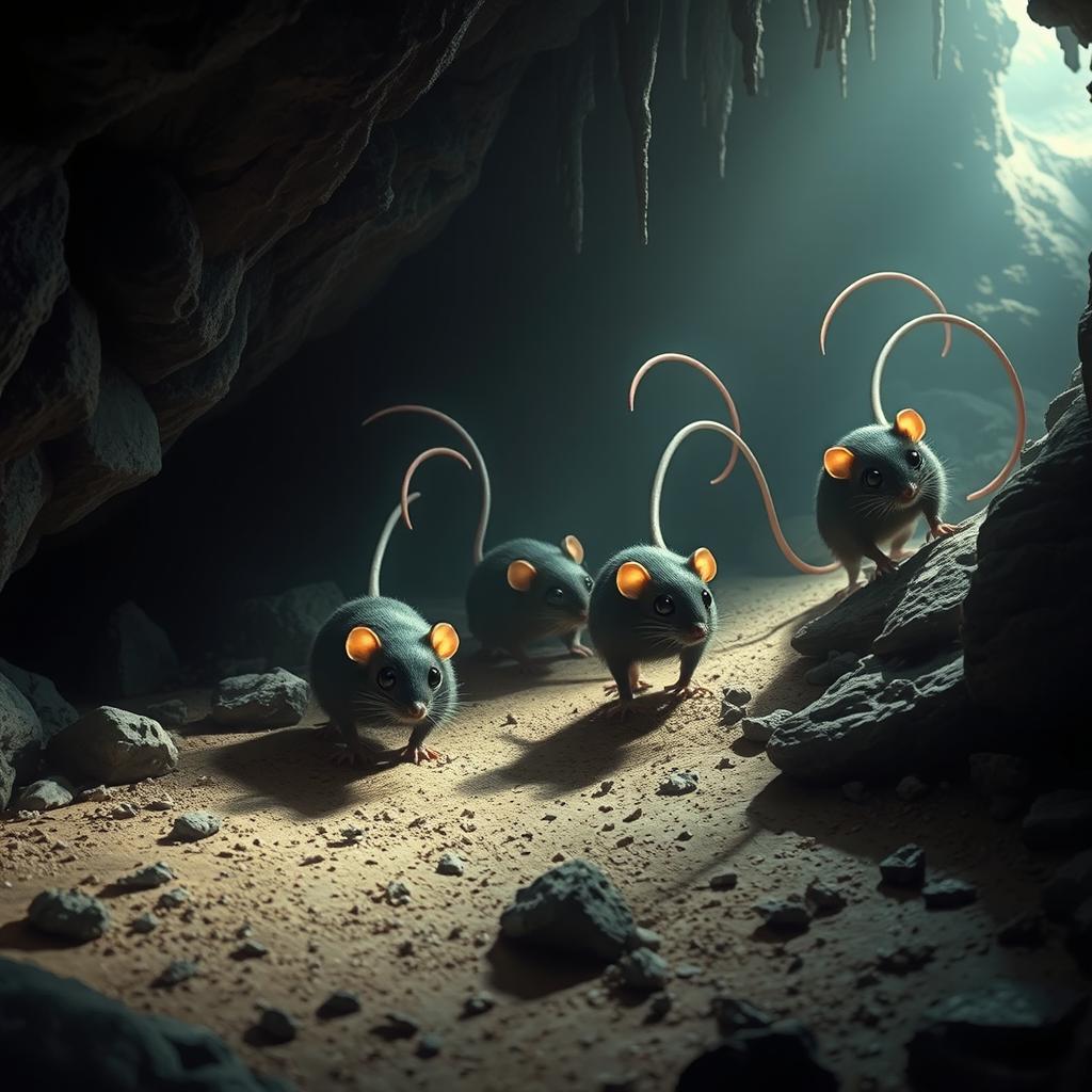 A fantastical scene depicting berserk cave-dwelling rats with glossy black eyes and long, exaggerated tails that reflect and amplify light, illuminating the dark cavern