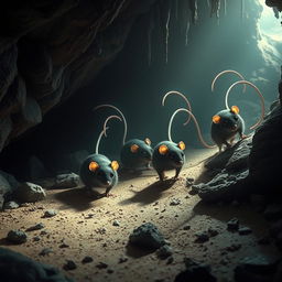 A fantastical scene depicting berserk cave-dwelling rats with glossy black eyes and long, exaggerated tails that reflect and amplify light, illuminating the dark cavern