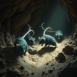 A fantastical scene depicting berserk cave-dwelling rats with glossy black eyes and long, exaggerated tails that reflect and amplify light, illuminating the dark cavern