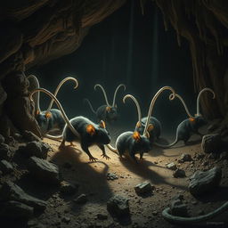 A fantastical scene depicting berserk cave-dwelling rats with glossy black eyes and long, exaggerated tails that reflect and amplify light, illuminating the dark cavern