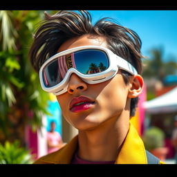 A stylish individual wearing white goggles, showcasing a vibrant, energetic demeanor