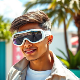 A stylish individual wearing white goggles, showcasing a vibrant, energetic demeanor