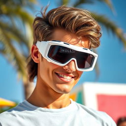 A stylish individual wearing white goggles, showcasing a vibrant, energetic demeanor
