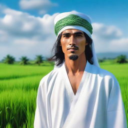 A high-quality, realistic photo captures an attractive Indonesian man with long hair