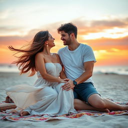 A romantic portrait of a couple sitting closely together on a picturesque beach during sunset