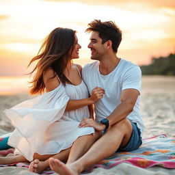 A romantic portrait of a couple sitting closely together on a picturesque beach during sunset