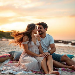 A romantic portrait of a couple sitting closely together on a picturesque beach during sunset