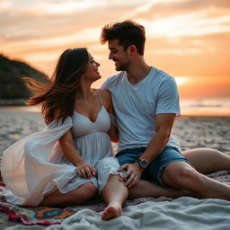 A romantic portrait of a couple sitting closely together on a picturesque beach during sunset