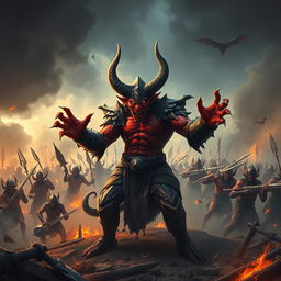 The fierce demon Shumbh, with his vivid red skin and piercing eyes, stands prominently on a war-torn battlefield, surrounded by smoke and flames