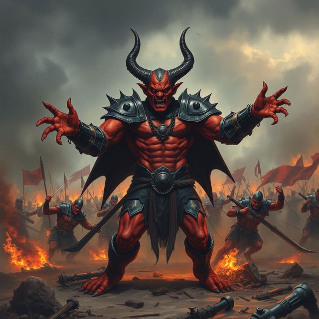 The fierce demon Shumbh, with his vivid red skin and piercing eyes, stands prominently on a war-torn battlefield, surrounded by smoke and flames