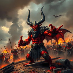The fierce demon Shumbh, with his vivid red skin and piercing eyes, stands prominently on a war-torn battlefield, surrounded by smoke and flames