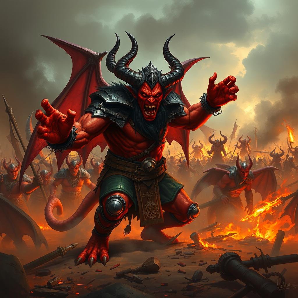 The fierce demon Shumbh, with his vivid red skin and piercing eyes, stands prominently on a war-torn battlefield, surrounded by smoke and flames