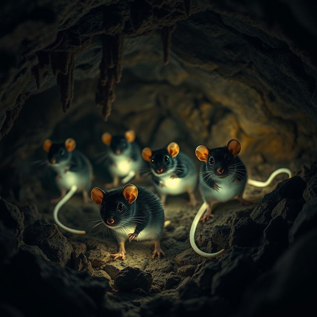 A captivating scene of cave-dwelling rats with deep black eyes and long, luminous tails that emit a gentle glow, lighting up their dark, rocky environment