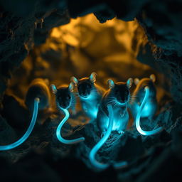 A captivating scene of cave-dwelling rats with deep black eyes and long, luminous tails that emit a gentle glow, lighting up their dark, rocky environment