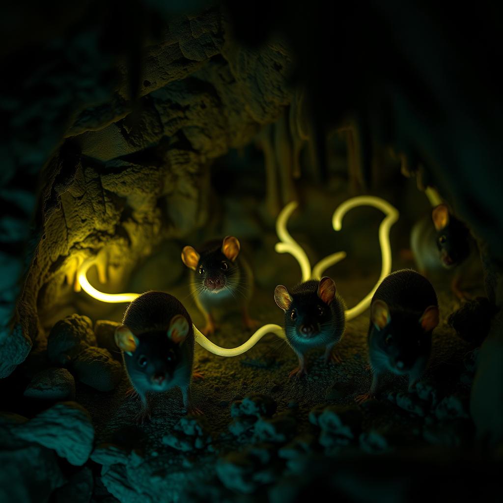 A captivating scene of cave-dwelling rats with deep black eyes and long, luminous tails that emit a gentle glow, lighting up their dark, rocky environment