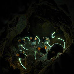 A captivating scene of cave-dwelling rats with deep black eyes and long, luminous tails that emit a gentle glow, lighting up their dark, rocky environment