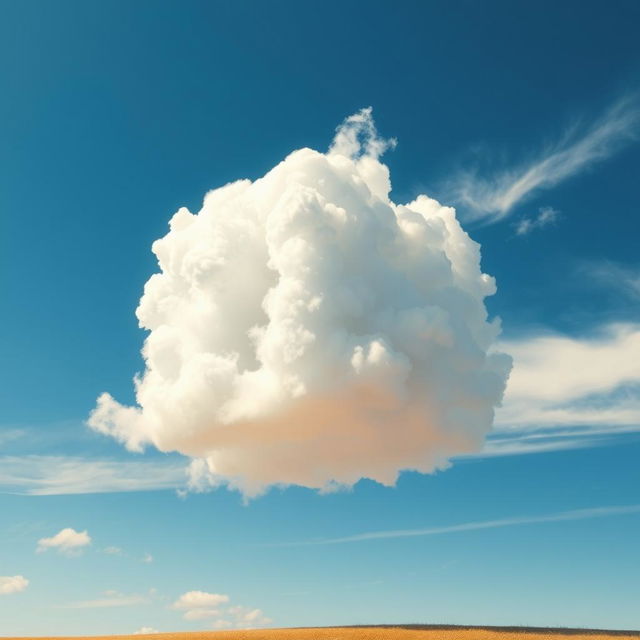 A surreal and visually striking cubic cloud floating in a bright blue sky, billowing and moving dynamically with the wind