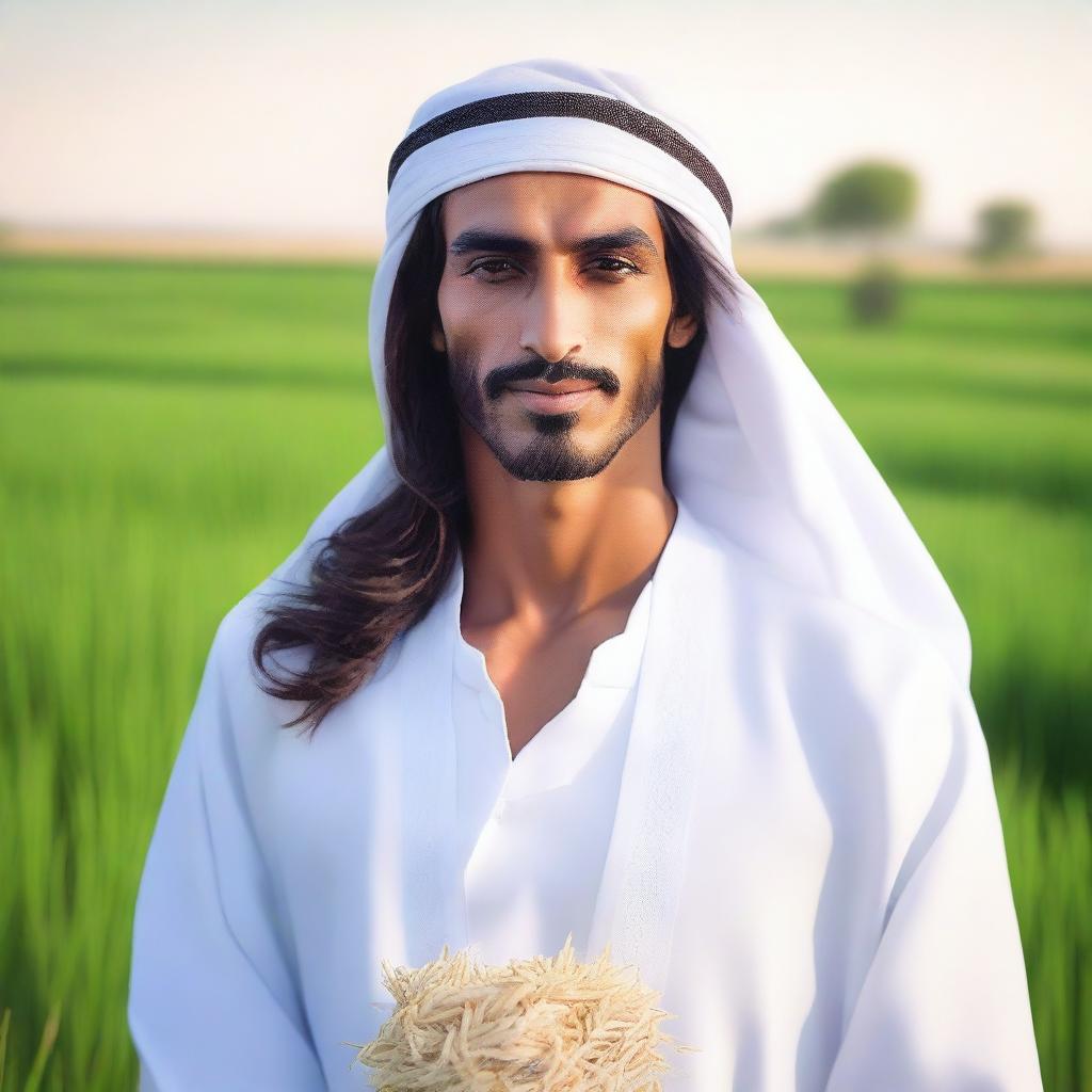 A high-quality, realistic photograph captures a handsome Arabian man with long hair