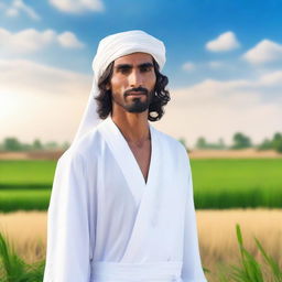 A high-quality, realistic photograph captures a handsome Arabian man with long hair