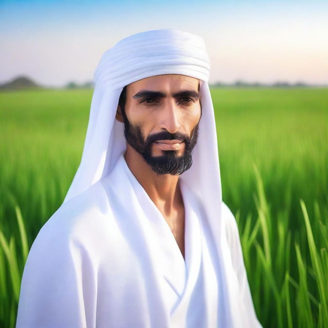 A high-quality, realistic photograph captures a handsome Arabian man with long hair